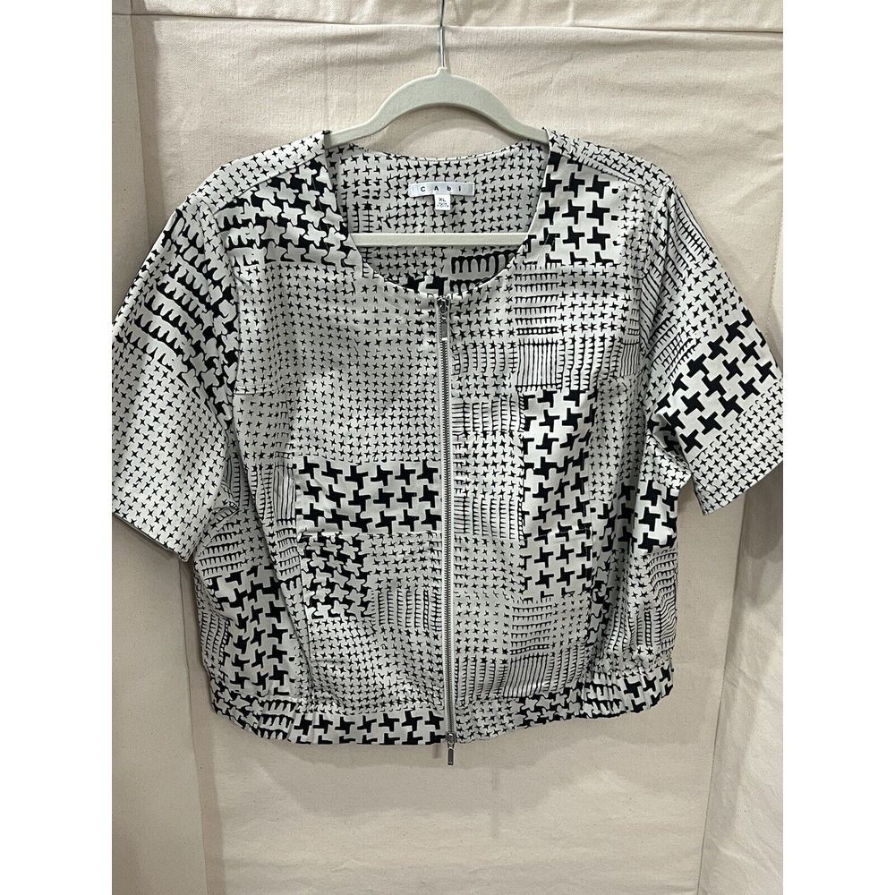 Cabi Jacket Cropped Blazer Short Sleeve Cream‎ Black Stretch Elastic Waist XL